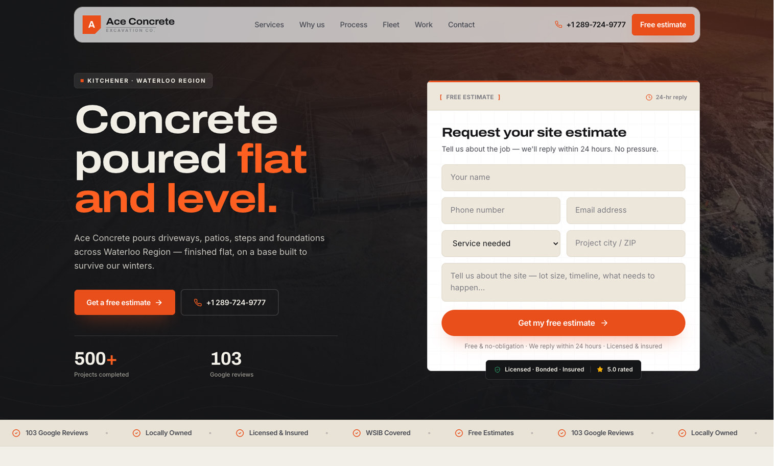 Ace Concrete excavation and site-work website — homepage with a request-your-site-estimate form