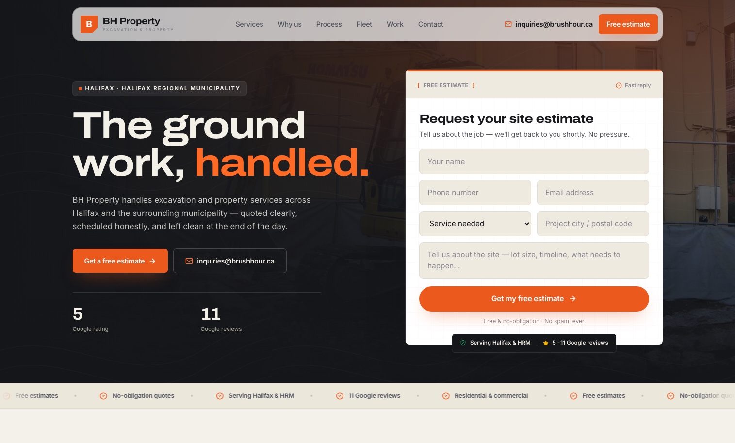 BH Property excavation website — dark homepage with an orange free-estimate form and Google review proof