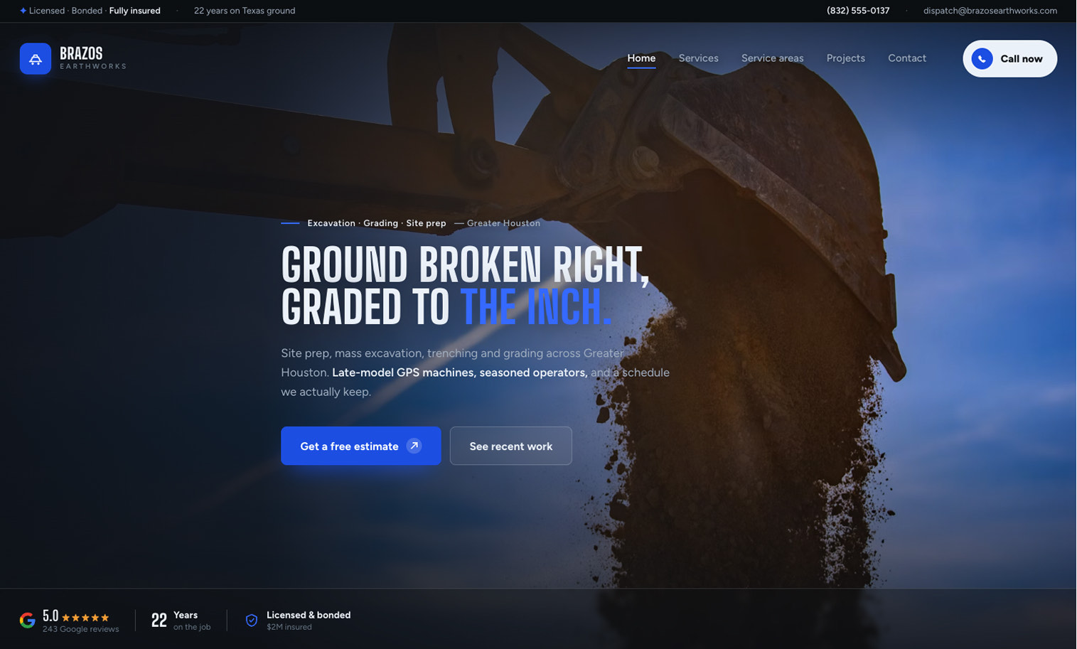 Brazos Earthworks website — GPS-grading excavation homepage with a get-a-free-estimate call to action