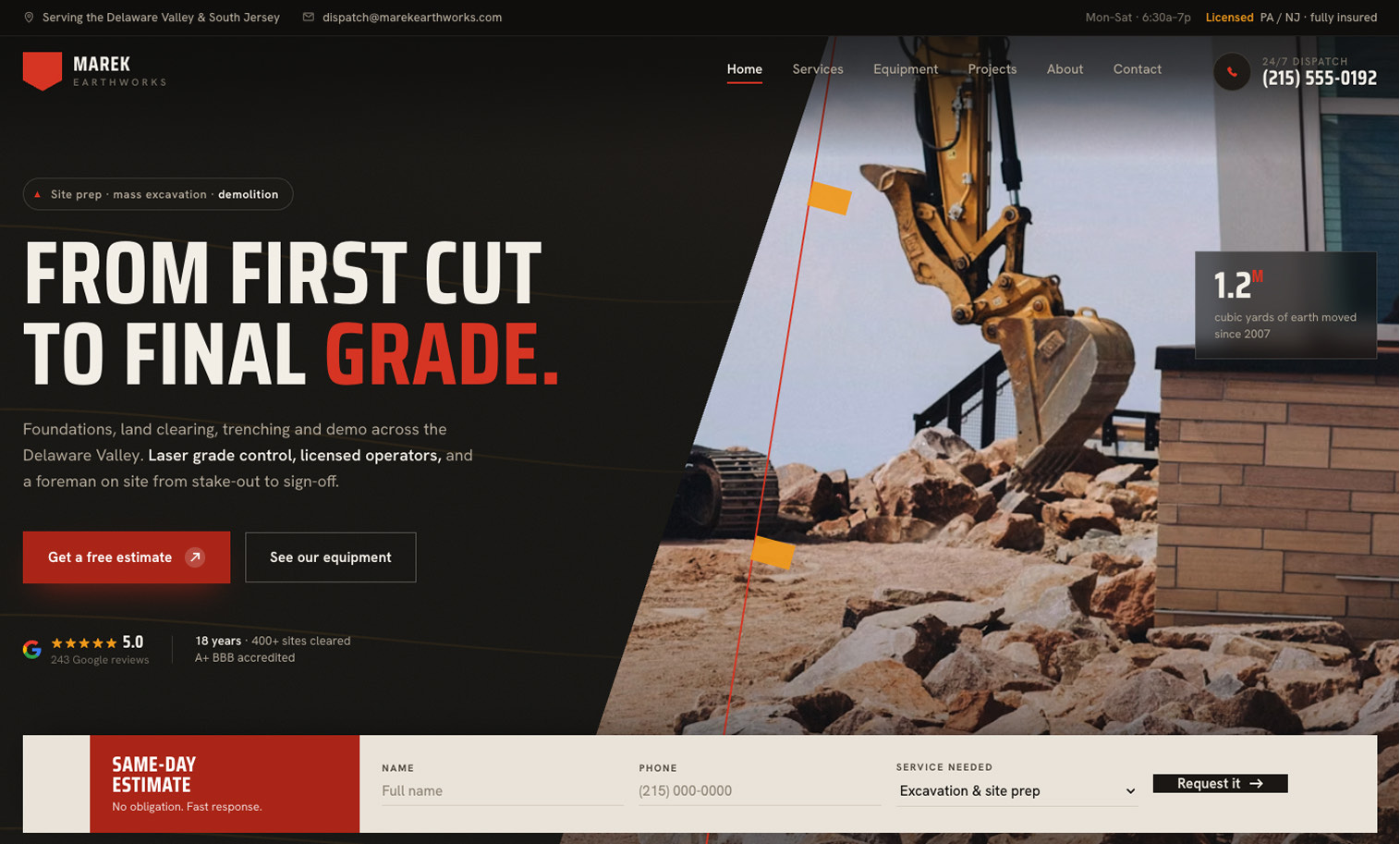 Marek Earthworks excavation contractor website — dark homepage with an excavator and same-day estimate form
